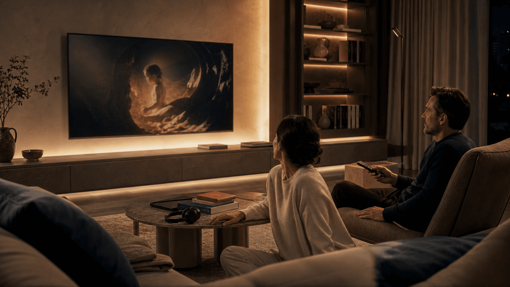 Two members of a household choosing what to watch together in their living room