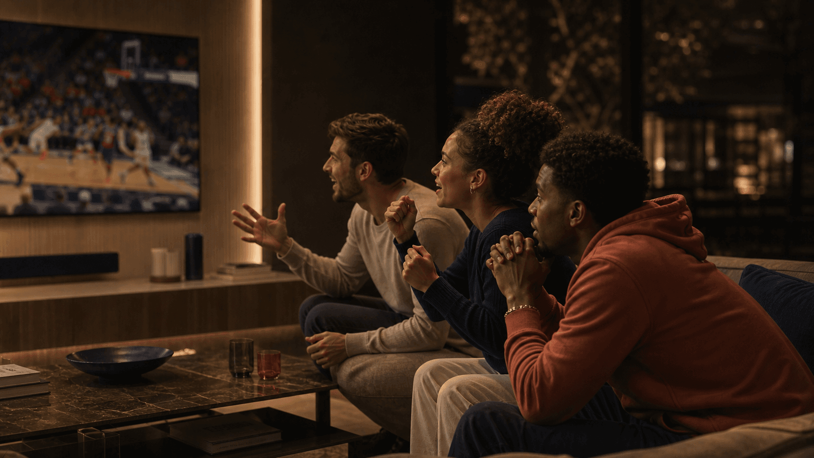 Friends sharing the tension of a live game at home