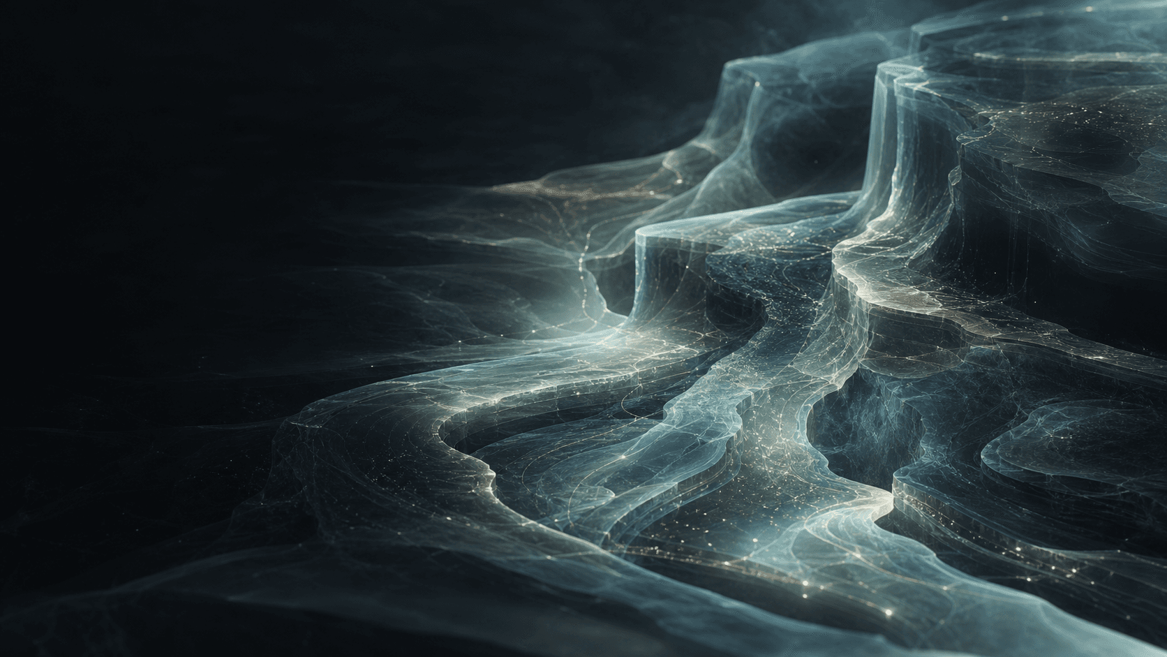 A translucent layered landscape illuminated by a fine network of connected operational context.