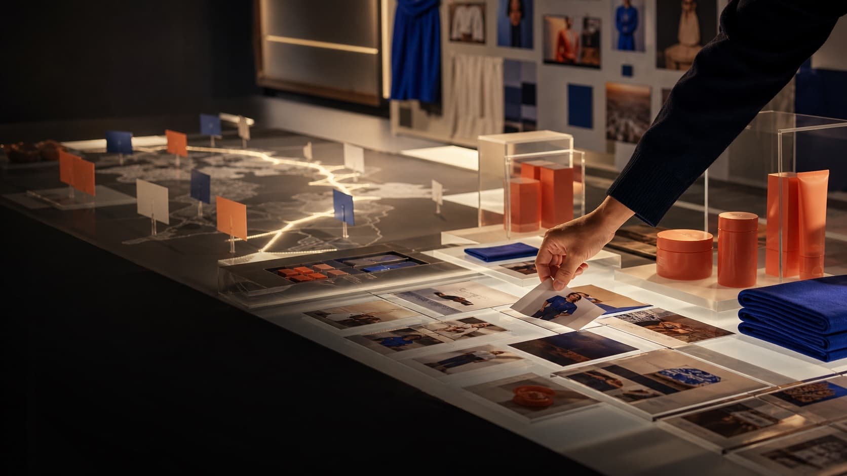 A retail campaign planner arranging product imagery and regional campaign materials on an illuminated studio table