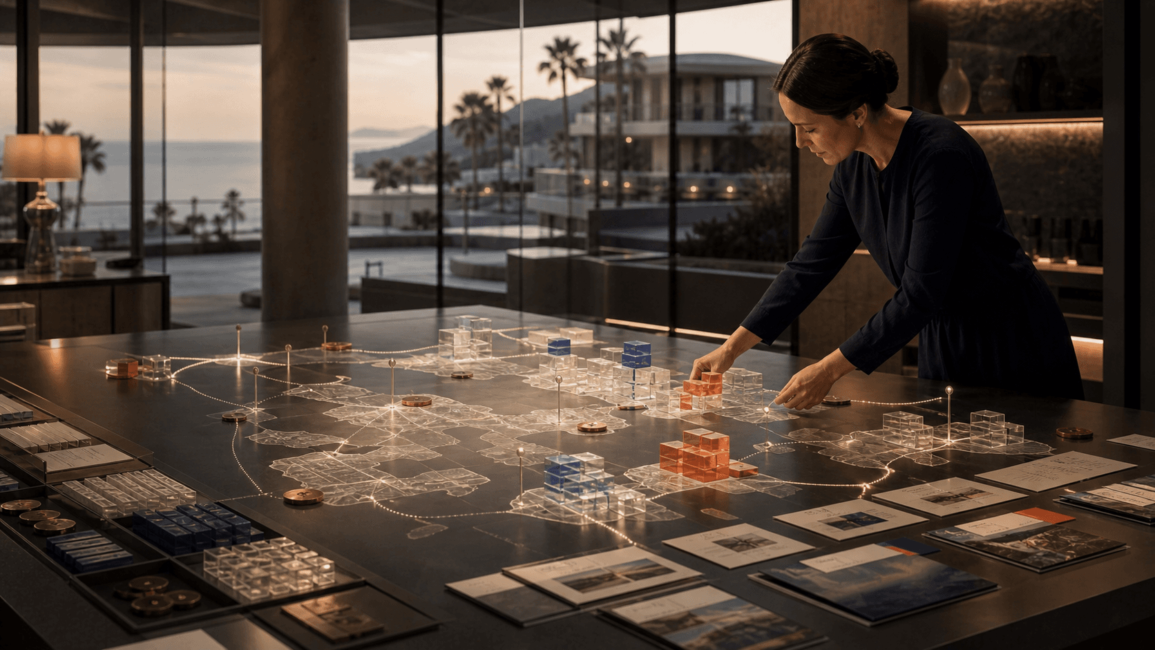 A travel operations planner adjusting capacity blocks across an illuminated destination map