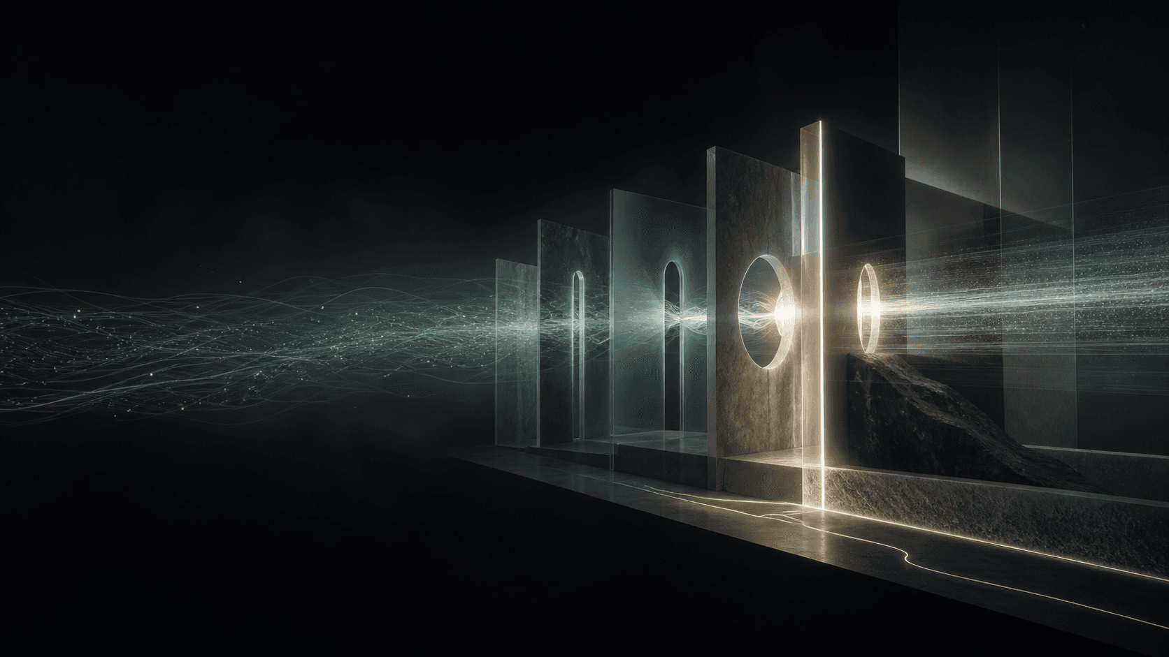 Fine signals passing through a sequence of material gateways and emerging as controlled action.