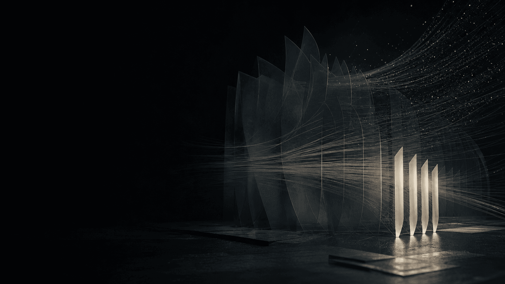 Fine signals moving through translucent layers and resolving into a few illuminated decisions.