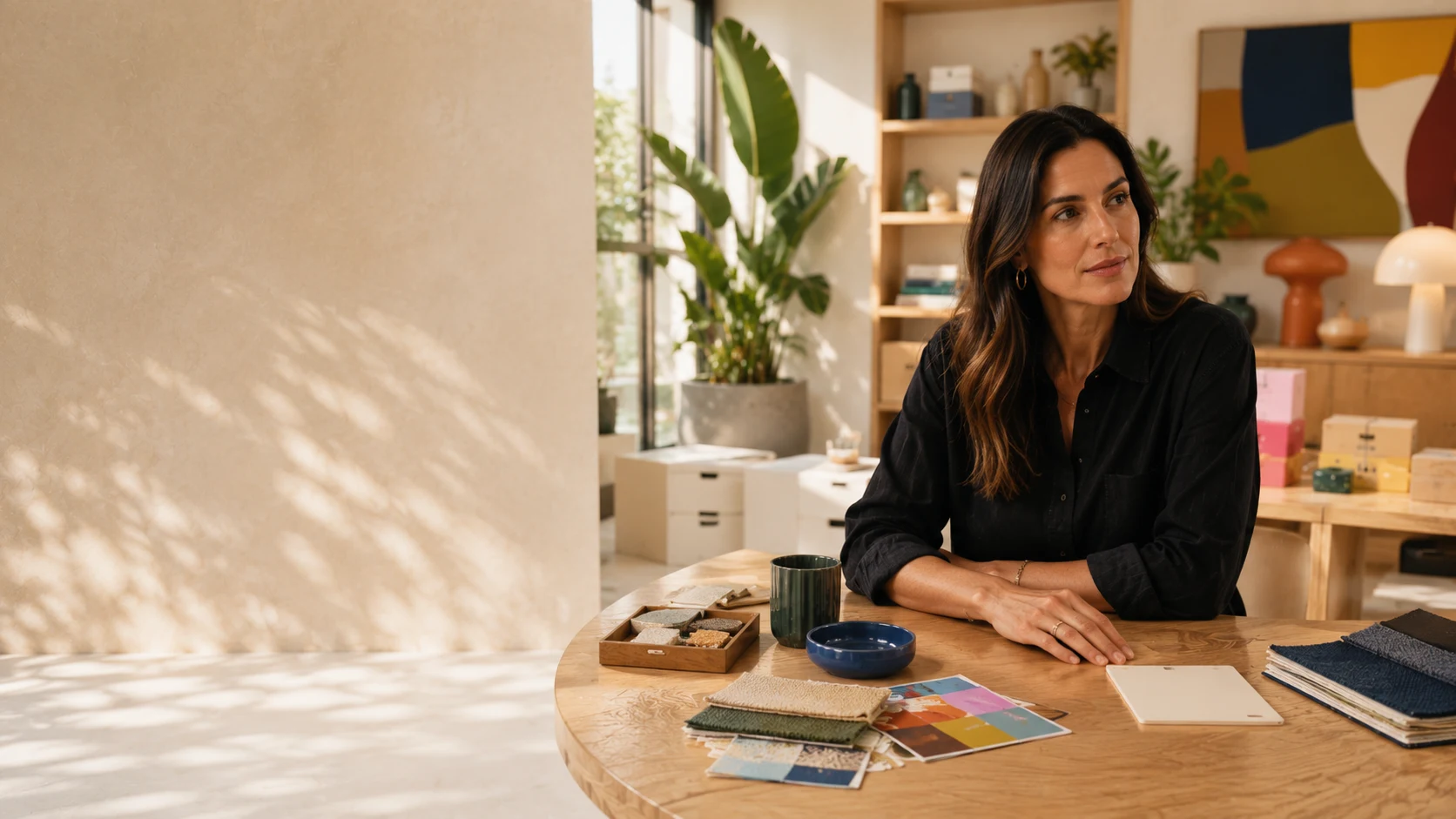 A merchandising leader working at a table in a bright office