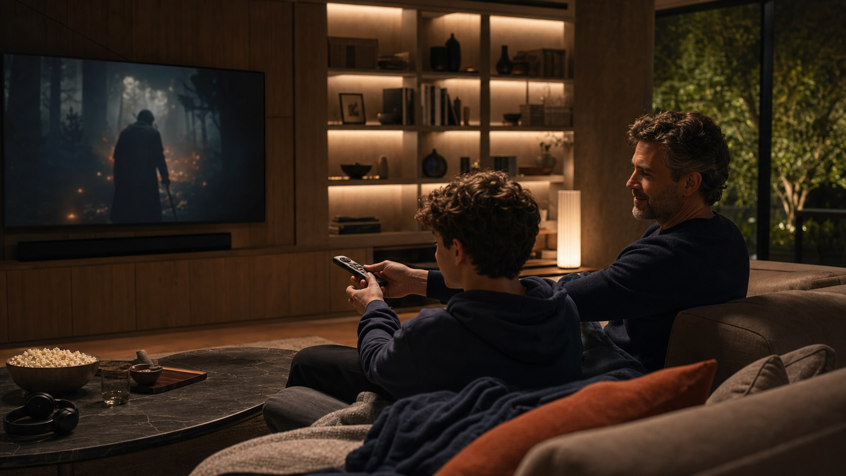 A family settling into a familiar evening viewing ritual